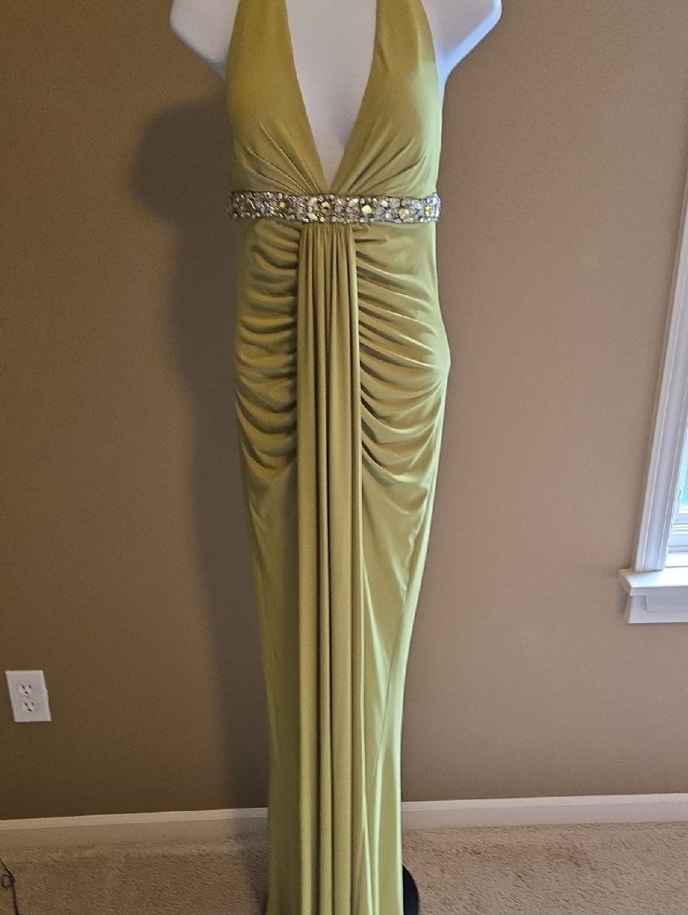 Cache Olive Green Halter Maxi Dress with Bejeweled Waist NWOT Sz 2 LINED